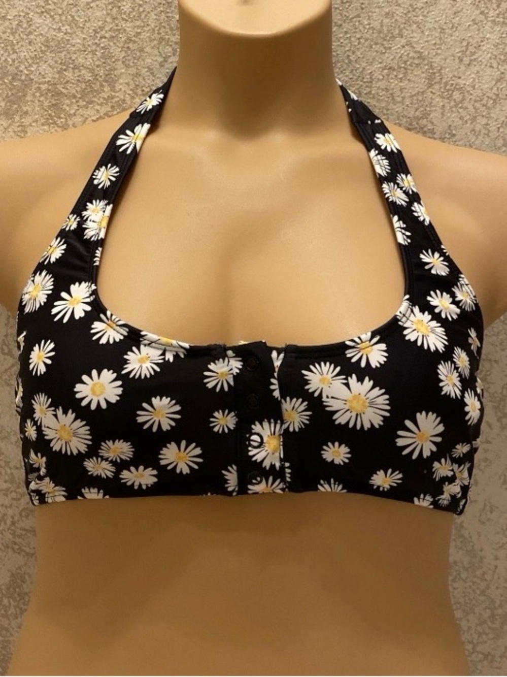 No Boundaries Black Daisy Print Halter Bikini Top